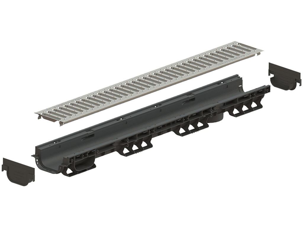 Rigolă din plastic BASE DN100 H80 cu grătar metalic zincat în fante clasa de sarcini A15